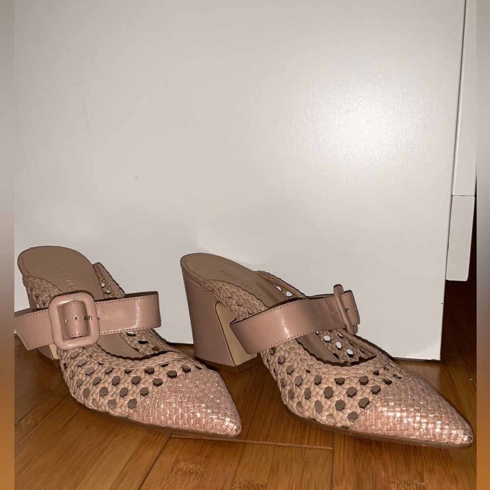 Nine West Shoes Size 6 Nude Woven Mules Block Heel